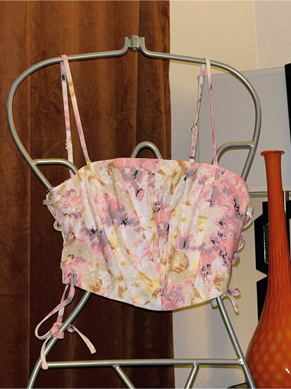 Pastel Floral Corset Crop Top - Pink, Cream & Yellow Accents